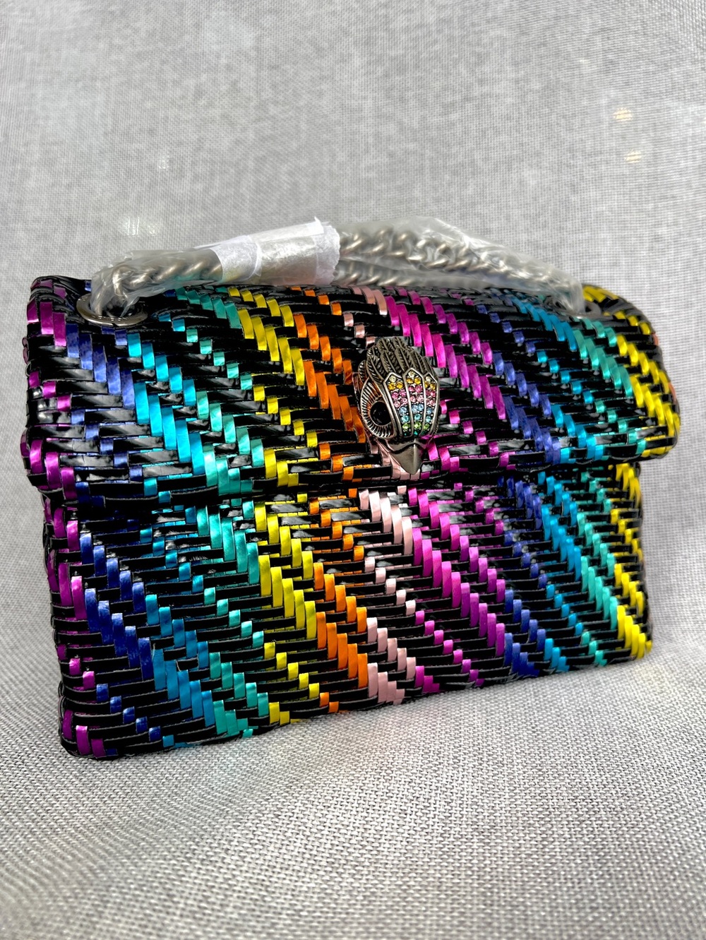 KURT GEIGER Kensington woven rainbow patent metallic convertible bag on chain
